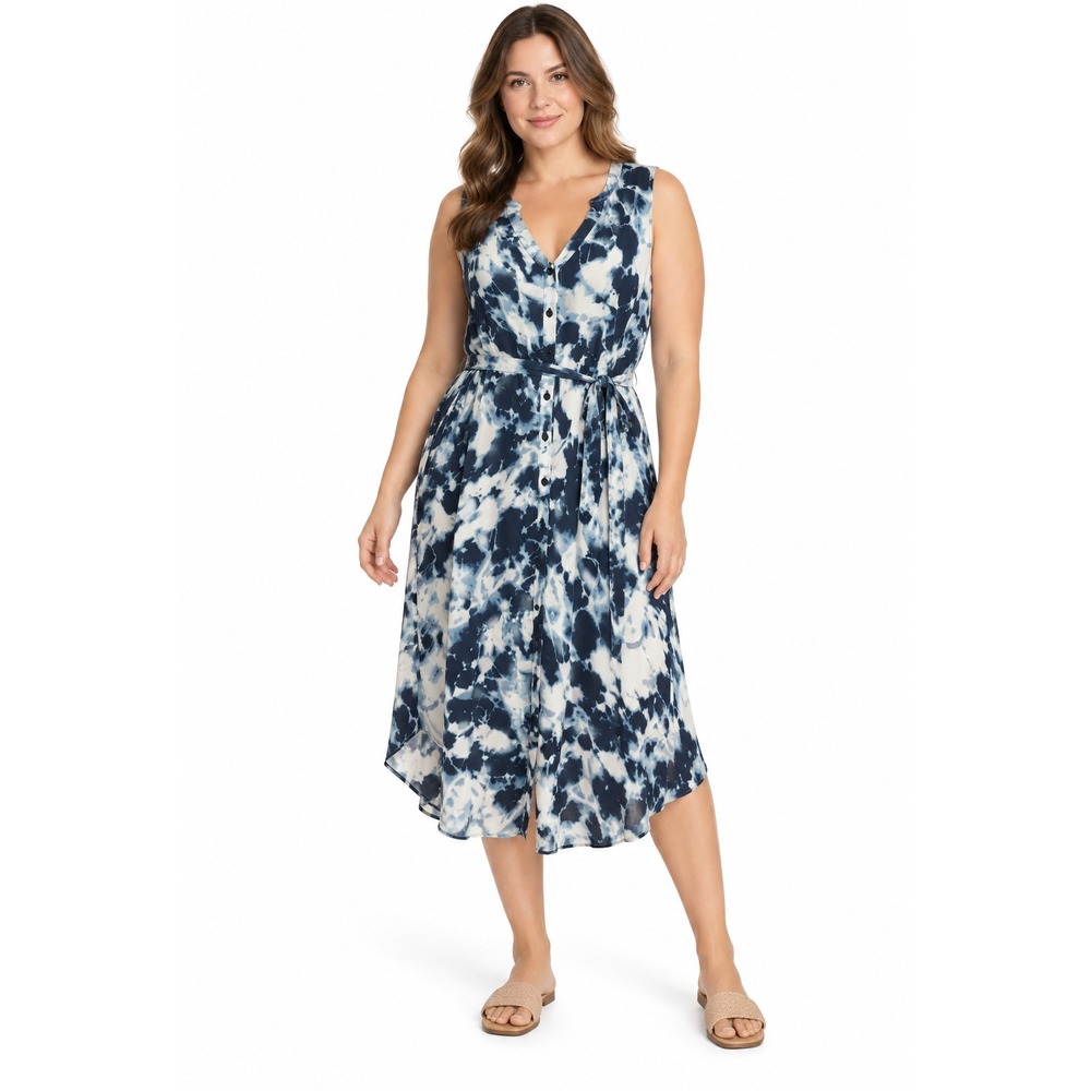 torrid Women's Tie Dye V Neck Button Front Tie Waist Sleeveless Midi Dress Sz SX